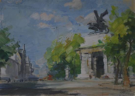 Barbara Lady Brassey (b.1911), oil on paper, Hyde Park Corner, 16 x 22cm